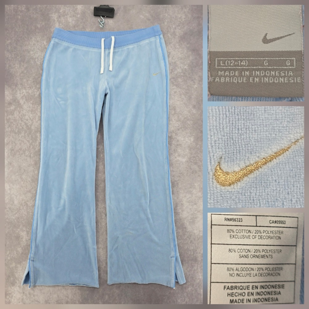 Vintage Nike Velour Track Pants 12-14 Large Light Blue Wide Leg Y2K Jogger
